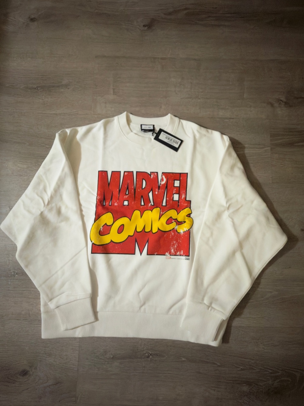 KithxMarvel Comics Vintage Nelson White Crewneck with Red and Yellow Marvel Logo